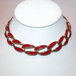 Vintage 80s Necklace Red Enamel Gold Tone Large Links Made in Korea